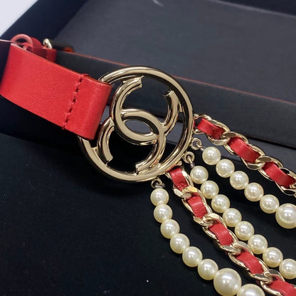 Chanel red and white multi-layered pearl waist chain belt