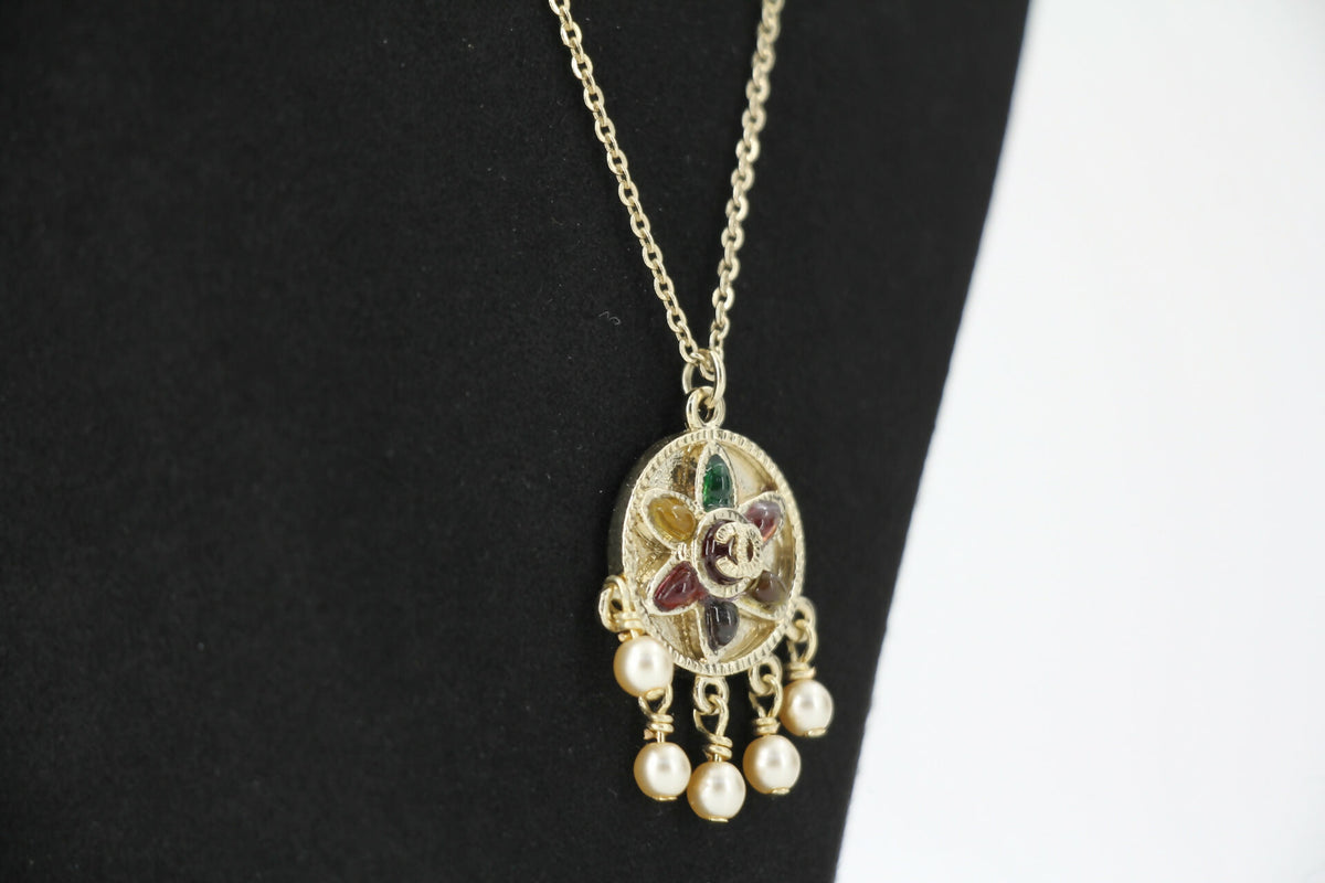 Chanel Vintage 07P Gripoix Red, Green and Yellow Gemstone Pendant Necklace