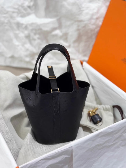 Hermes Picotin 14 Black Ostrich Leather gold hardware