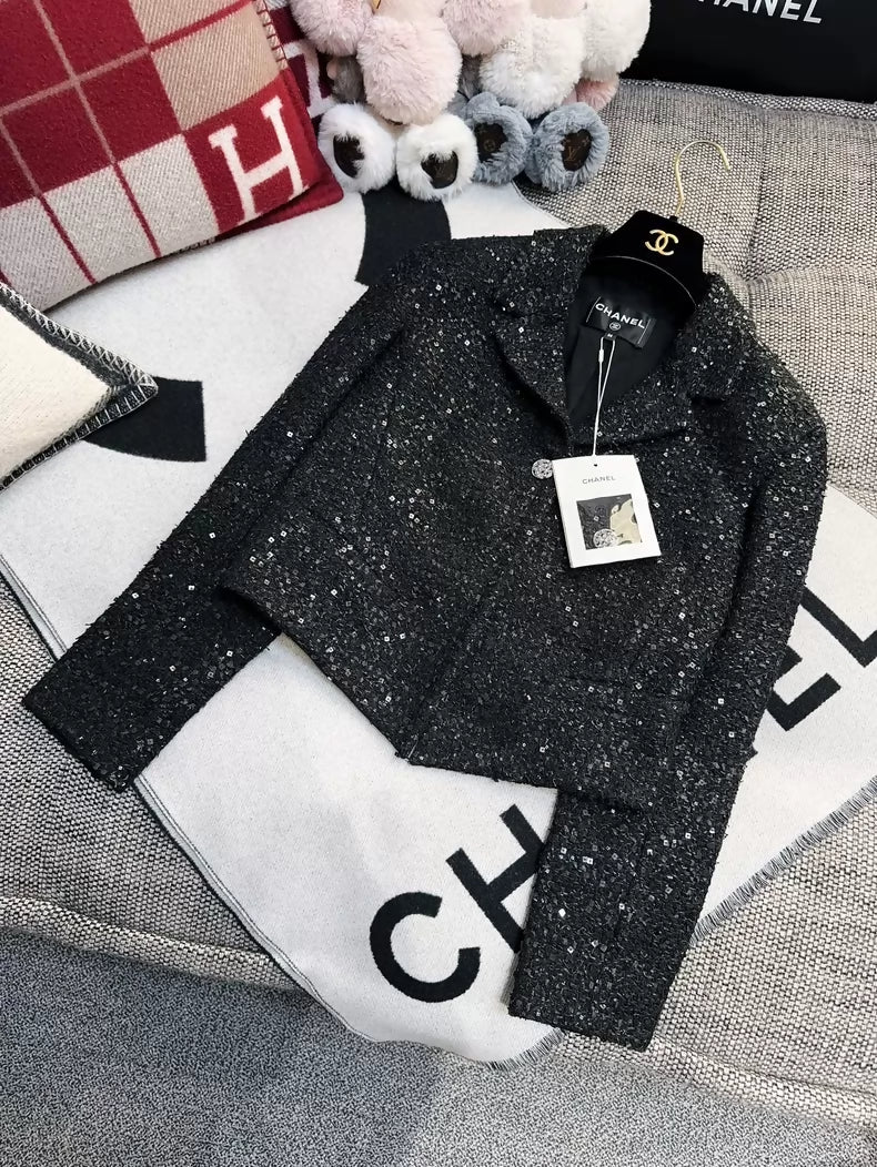 Chanel 24S Black Sequin Tweed Short Jacket