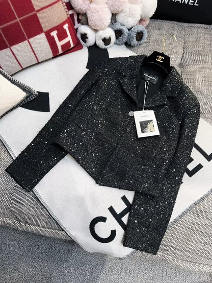 Chanel 24S Black Sequin Tweed Short Jacket