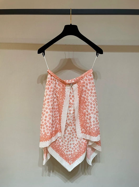 Chanel 22P orange-pink daisy asymmetrical skirt