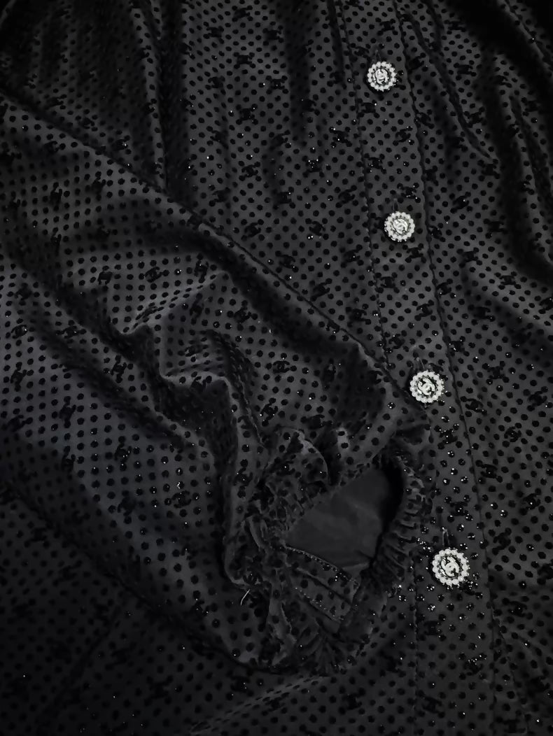 Chanel 24b black velvet polka dot shirt with subtle logo print and shimmer