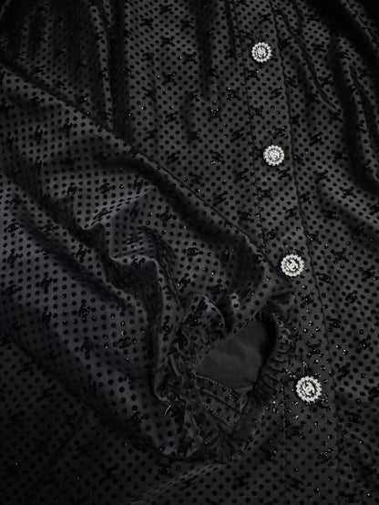 Chanel 24b black velvet polka dot shirt with subtle logo print and shimmer