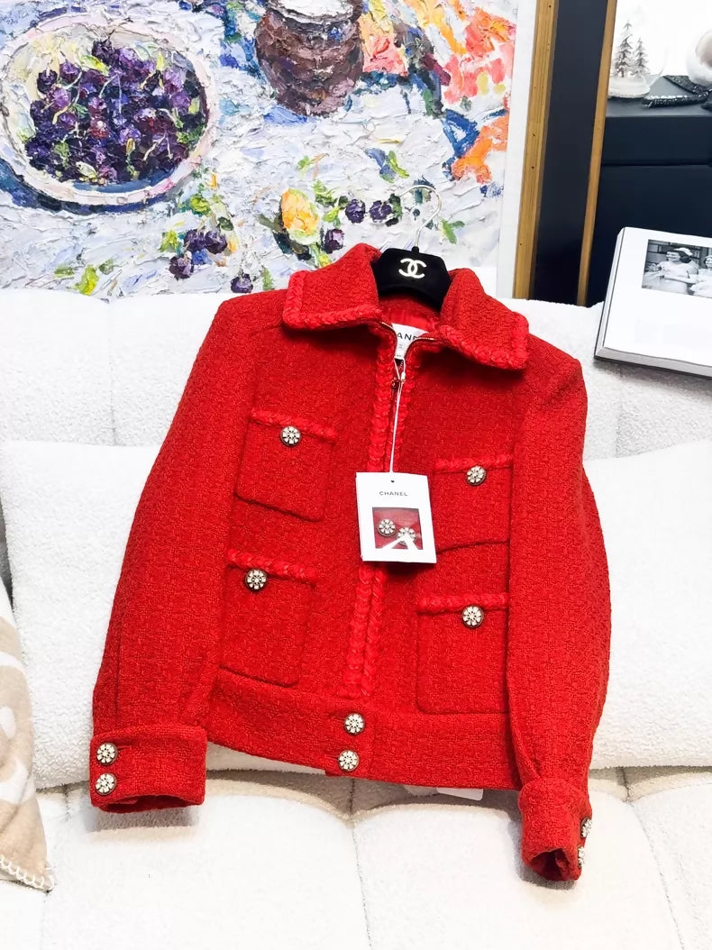 Chanel 19K Orange-Red Four-Pocket Tweed Jacket