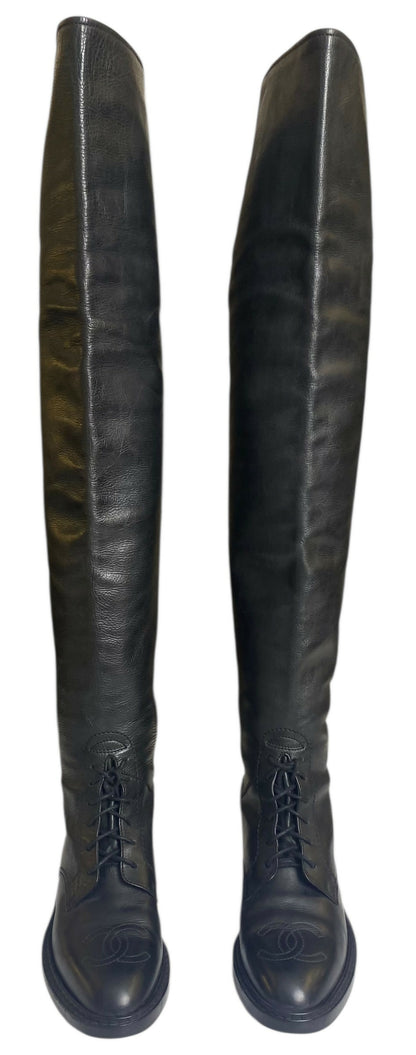 Rare Vintage Chanel 90s Claudia Schiffer Black Leather CC Riding Boots EU 36 (fits 37)