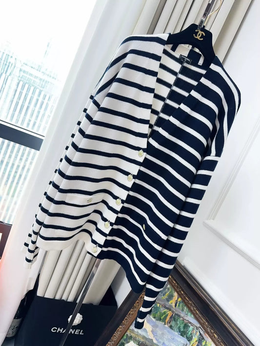 Chanel 24s navy blue and white striped knitted cardigan