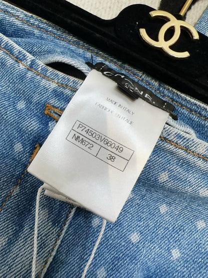 Chanel 23P light blue straight-leg jeans, all-over double C polka dot print