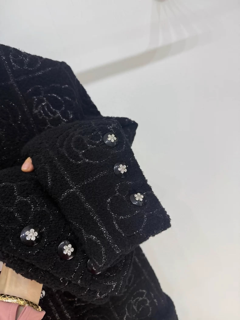 Chanel 23K black camellia print coat