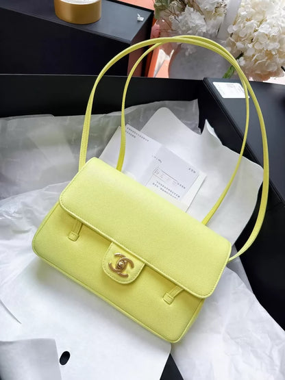 Chanel 26C Shiny Caviar Preppy Coco Shoulder Bag Light Yellow