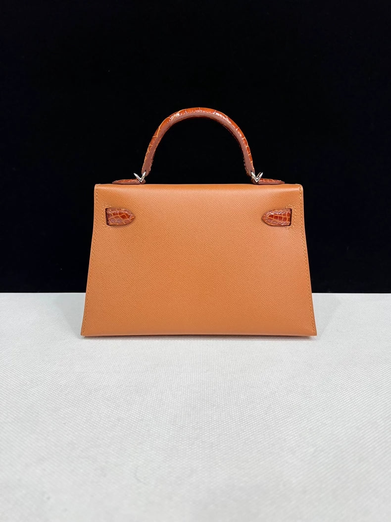 HERMÈS KELLY SELLIER MINI TOUCH GOLD/MIEL MADAM LEATHER/SHINY ALLIGATOR PALLADIUM HARDWARE