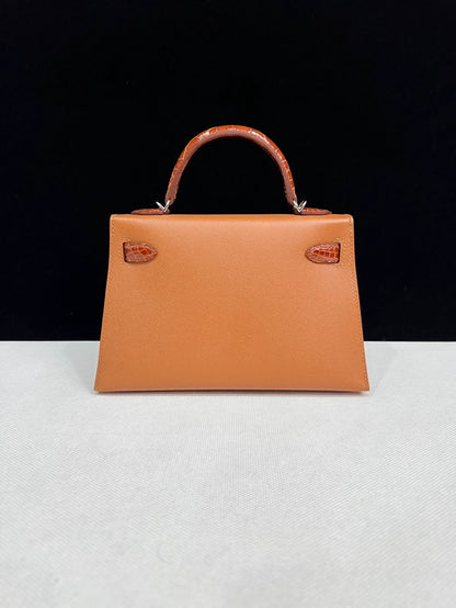 HERMÈS KELLY SELLIER MINI TOUCH GOLD/MIEL MADAM LEATHER/SHINY ALLIGATOR PALLADIUM HARDWARE