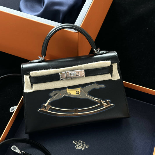 Hermès Limited Edition Mini Kelly 20 "Cheval de Bois" / Rocking Horse Marquetry Noir Box Calfskin with Palladium Hardware