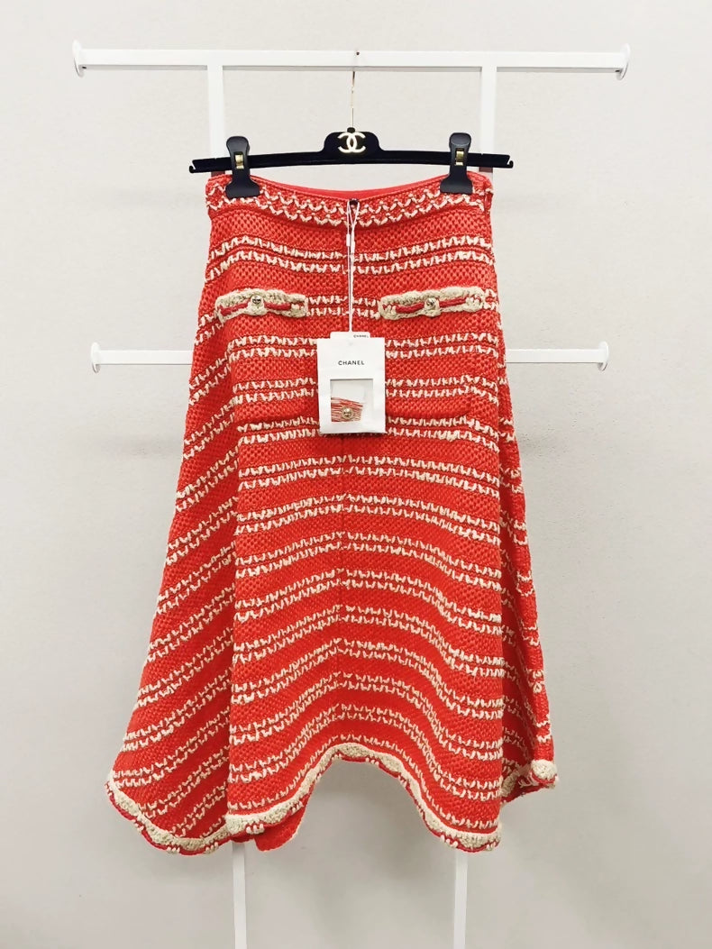 Chanel 21C red striped tweed skirt