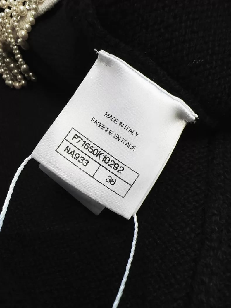 Chanel 21K pearl tassel and rhinestone black cashmere knit cardigan