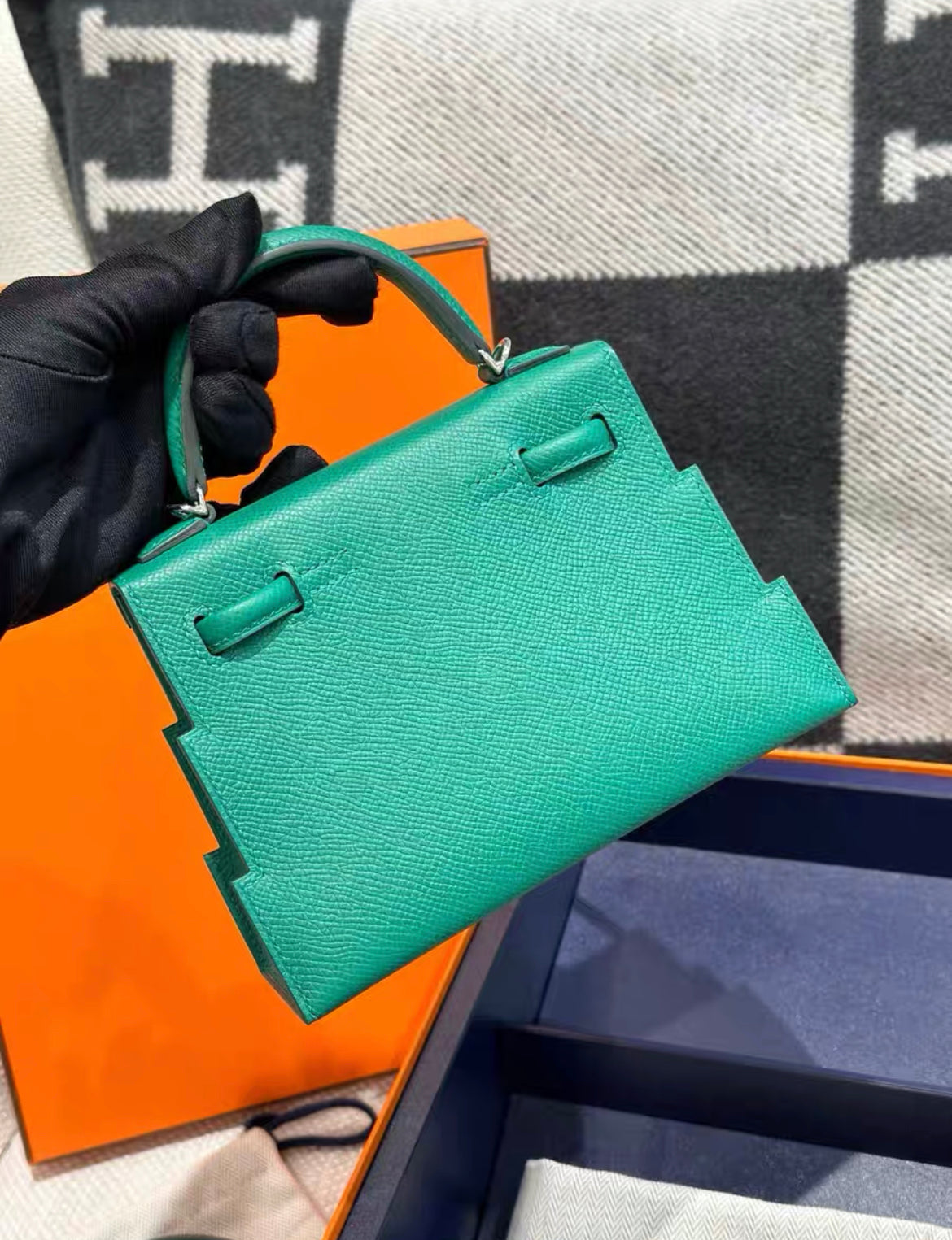 Hermes Kelly Picto Vert Vertigo & Gris Misty Epsom Palladium Hardware