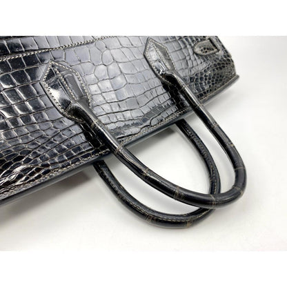 HERMÈS 40 HAC BLACK SHINY POROSUS CROCODILE PALLADIUM HARDWARE