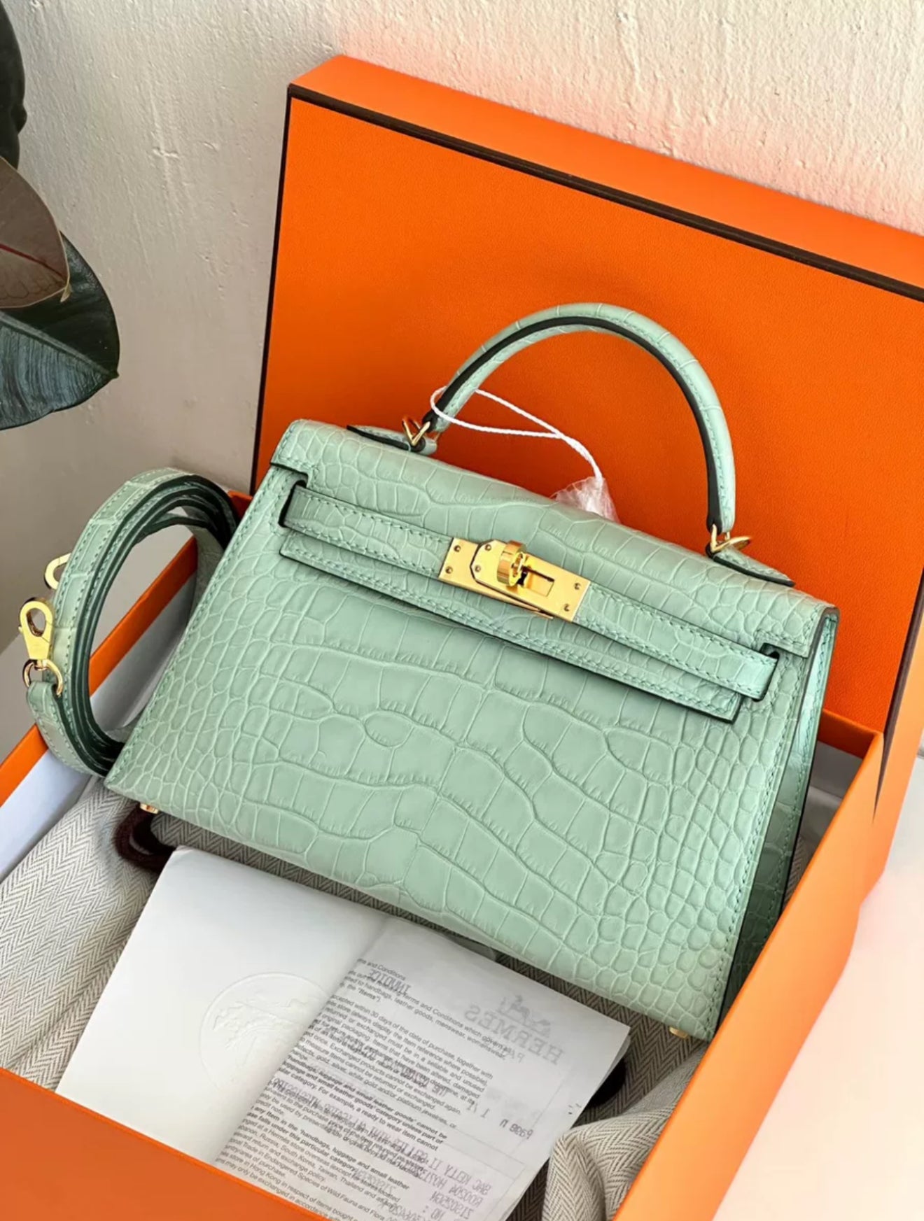 HERMES MINI KELLY VERT D'EAU MATTE CROCODILE LEATHER GOLD HARDWARE