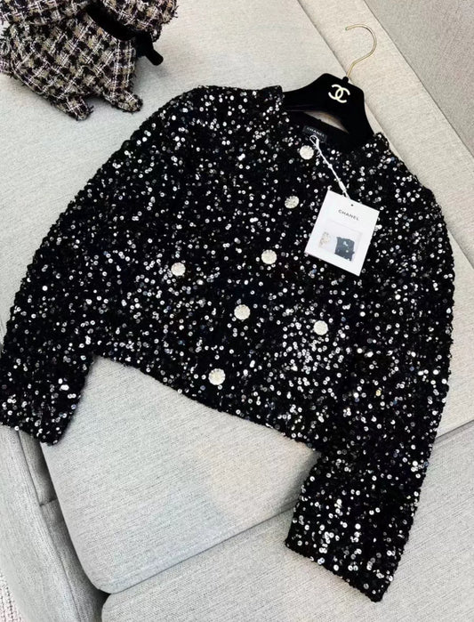 Chanel 23c black tweed sequin cardigan