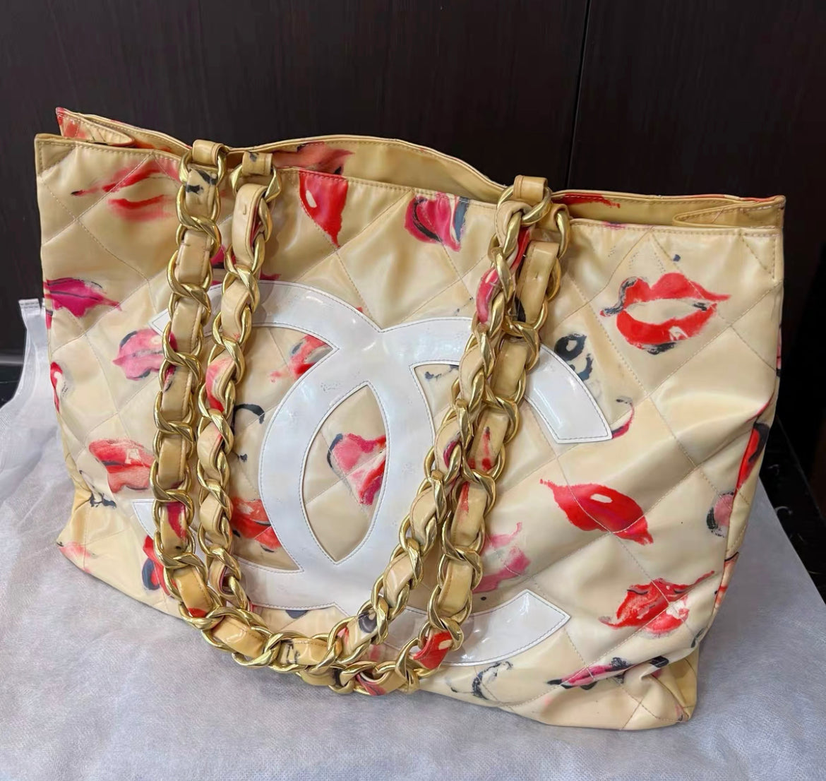 Chanel Coated Canvas Quilted Lips and Kisses Graffiti XL Tote Beige