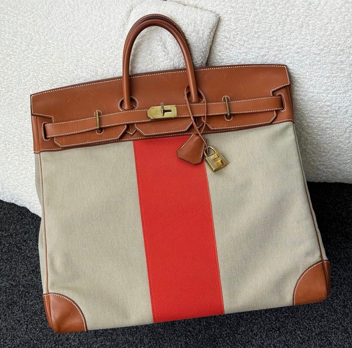 RARE. Hermes Flag HAC 50 
Fauve Barenia Ficelle Toile Orange Permabrass hardware