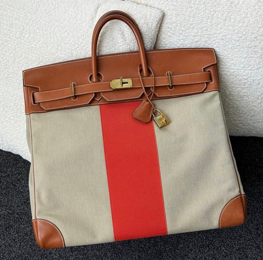 RARE. Hermes Flag HAC 50 
Fauve Barenia Ficelle Toile Orange Permabrass hardware