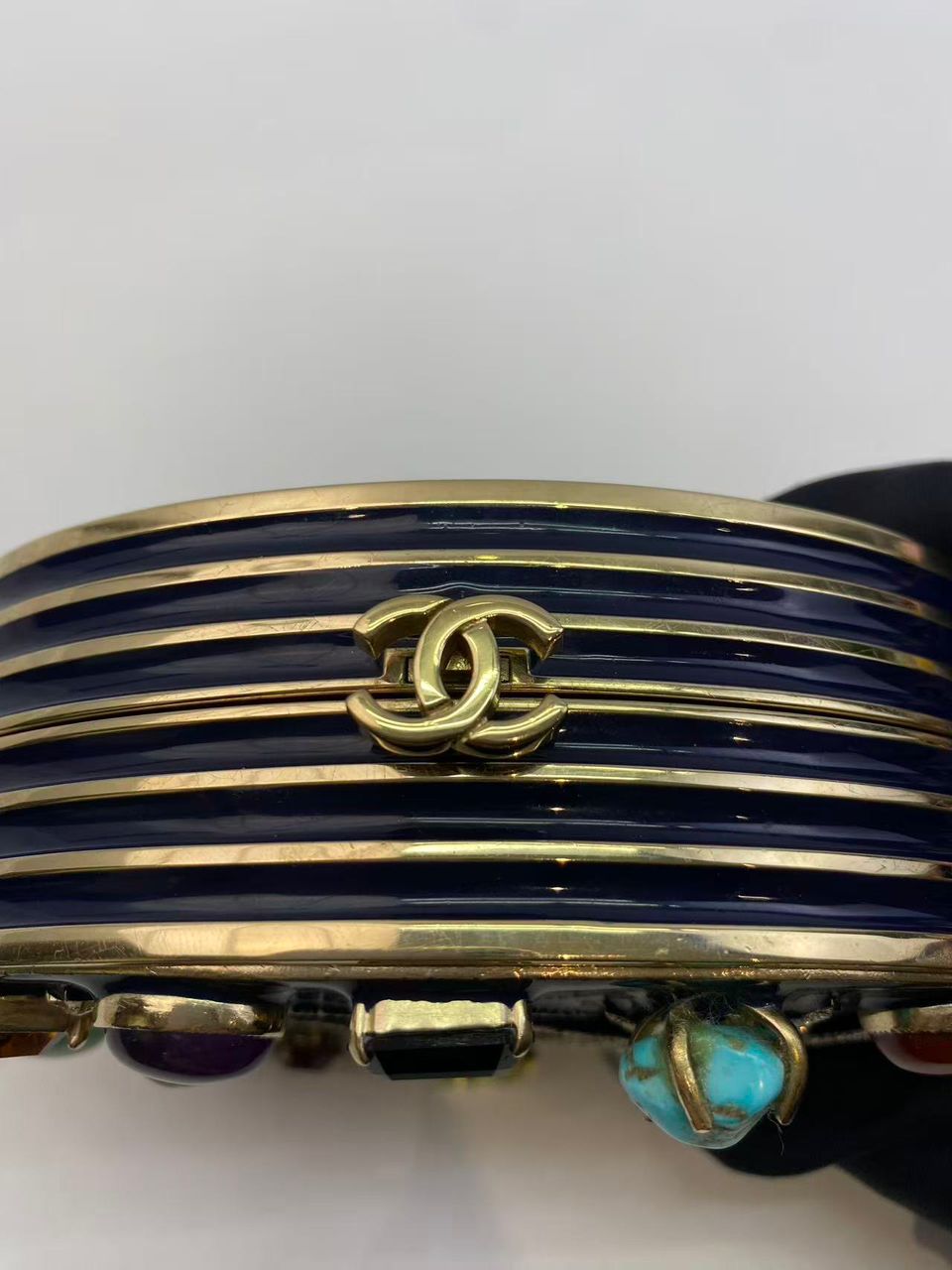 CHANEL 2007 Horoscope Navy Blue Metal Gripoix Gold Crystal Small Mini Minaudière Bag