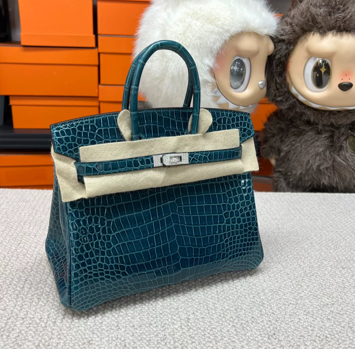 Hermès Birkin 25 Bosphorus Green Shiny Crocodile Diamond Hardware
