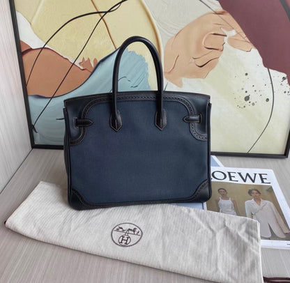 HERMÈS Birkin Ghillies 35 Noir Denim Denim Evercalf Brushed Palladium