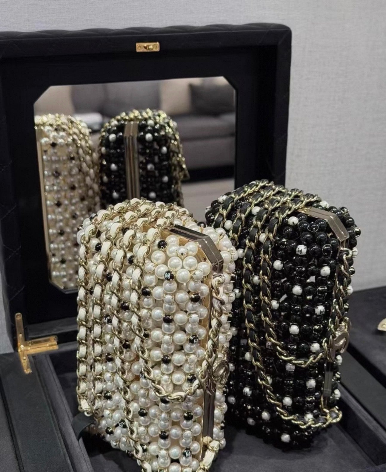 Chanel 23s black and white color gold metal pearl evening bag minaudière