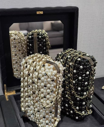 Chanel 23s black and white color gold metal pearl evening bag minaudière