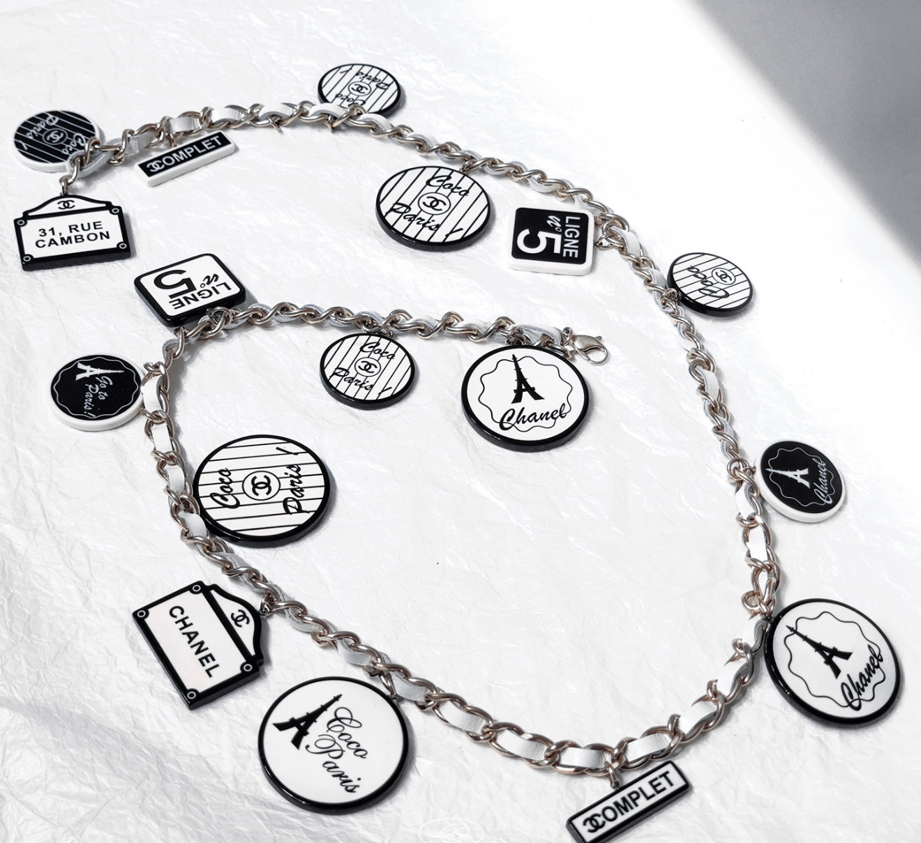 Chanel 06C Black and White Acrylic Multi-Element Pendant Leather-Threaded Chain Necklace