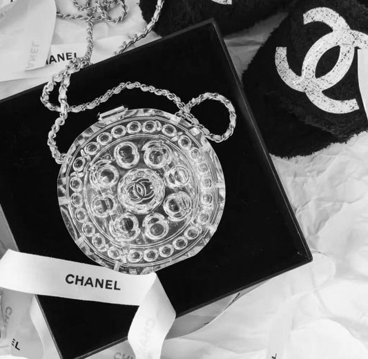 Chanel 2018 clear acrylic 
silver leather minaudière bag