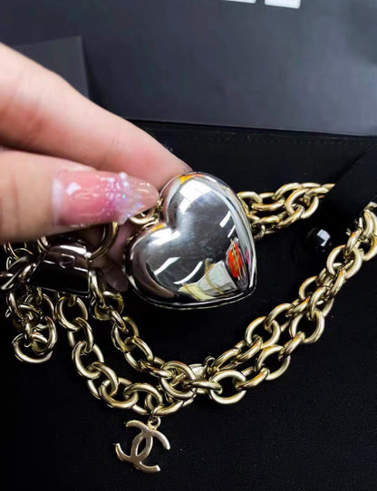 Chanel Strass and Pale Gold Metal CC Heart Necklace, 2020