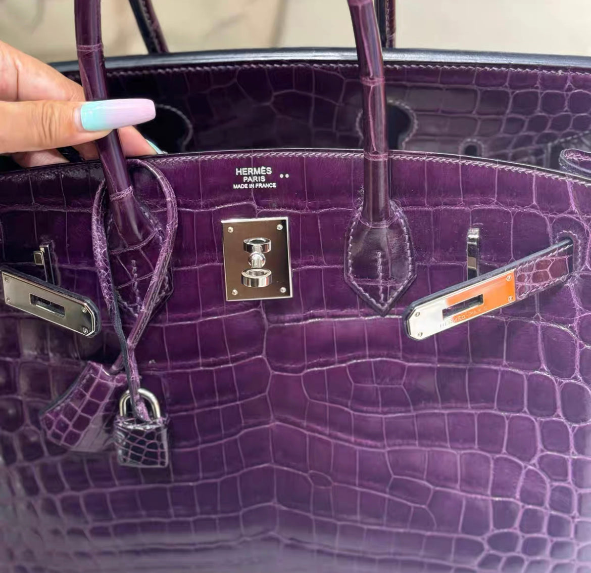 Hermes Birkin 30 Amethyst Shiny Crocodile Alligator Palladium Hardware Handbag