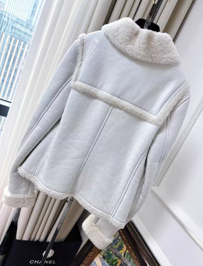 Chanel 21B white ecru shearling jacket