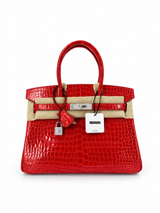 Hermès Birkin 30 Red Shiny Crocodile Leather 18k White Gold & diamond hardware