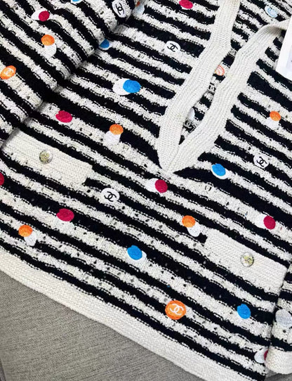 Chanel 24S black and white striped colorful polka dot navy collar knitted top
