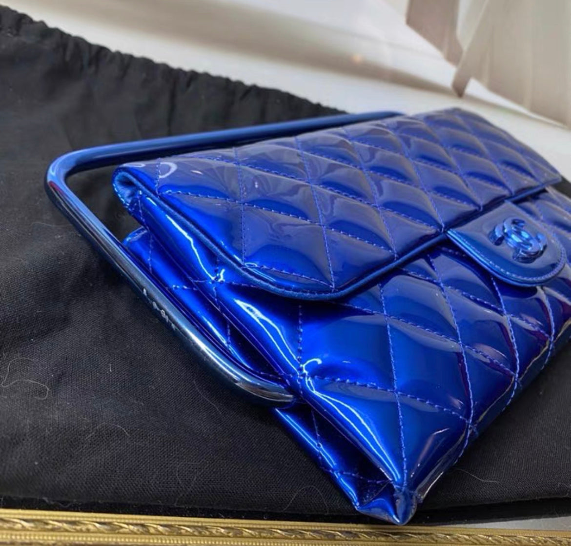 Chanel Classic Flap Patent Blue Frame Clutch