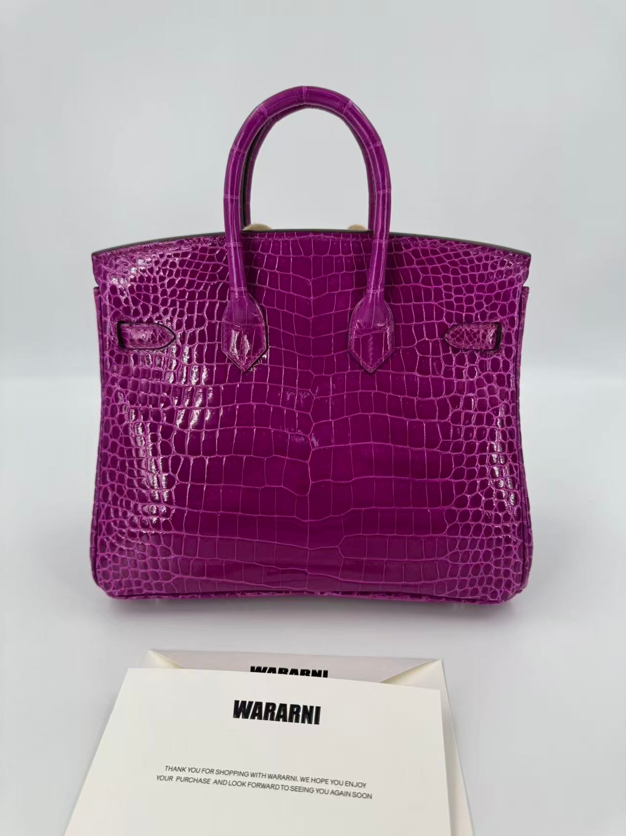 Hermes Birkin 25 rose scheherazade Crocodile Porosus white gold diamond hardware