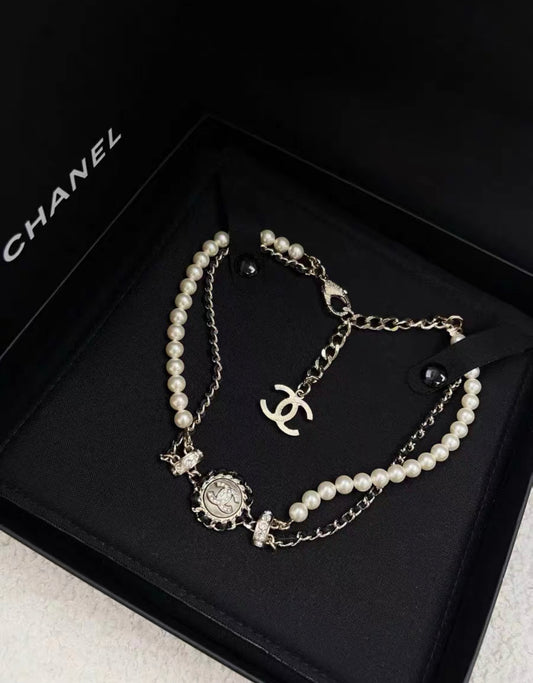 Chanel 21K Leather Chain Pearl Double Layer Necklace Choker