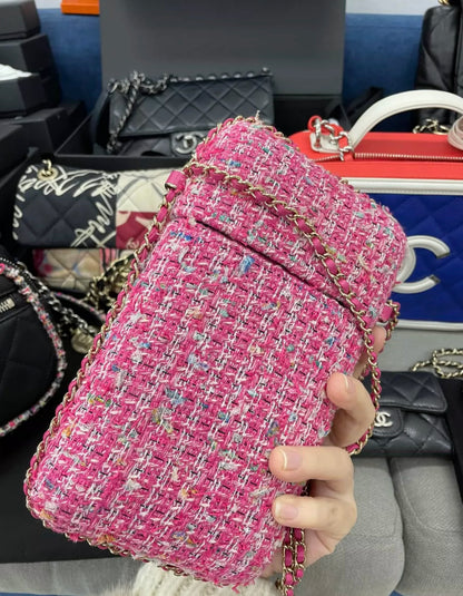 Chanel 2019 Pink Tweed Chain Around Phone Holder Crossbody Bag