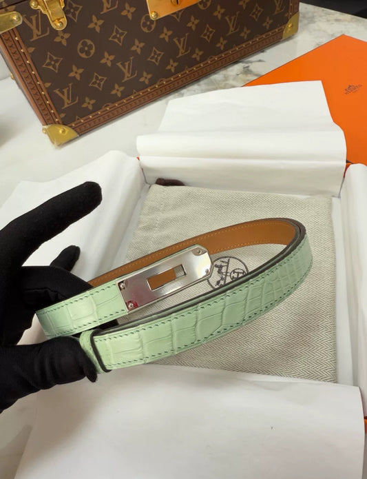 Hermès Kelly Belt Green Vert d’Eau Crocodile leather Palladium Hardware