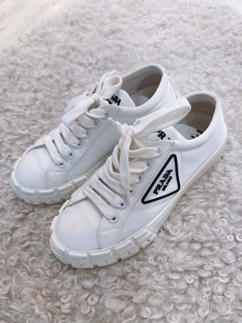 Prada classic triangle logo white gabardine biscuit shoes