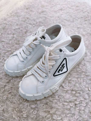 Prada classic triangle logo white gabardine biscuit shoes