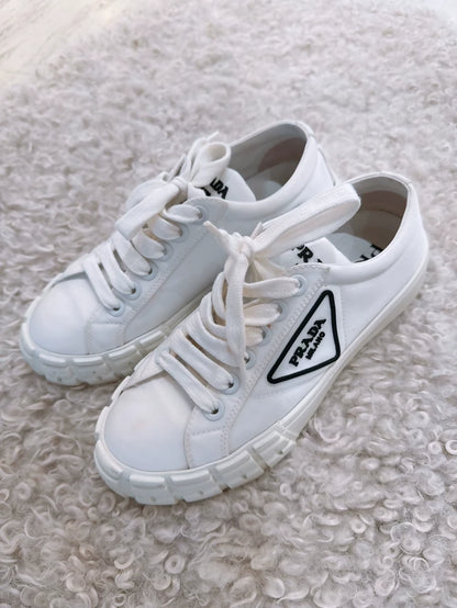 Prada classic triangle logo white gabardine biscuit shoes