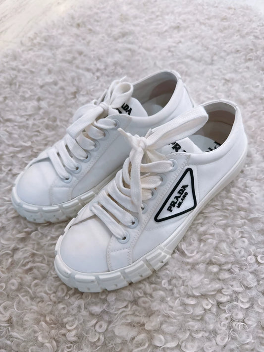 Prada classic triangle logo white gabardine biscuit shoes