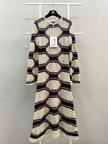 Chanel 20P off-white, pink, and black color-blocked knit maxi dress