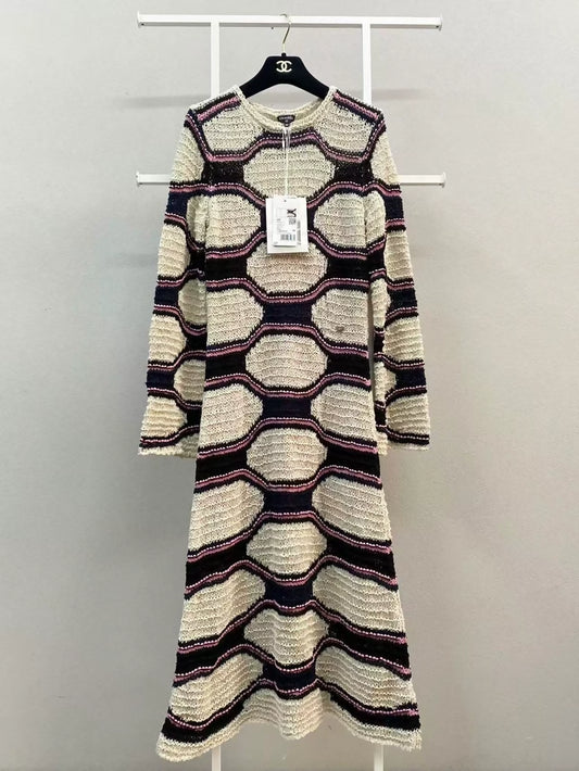 Chanel 20P off-white, pink, and black color-blocked knit maxi dress