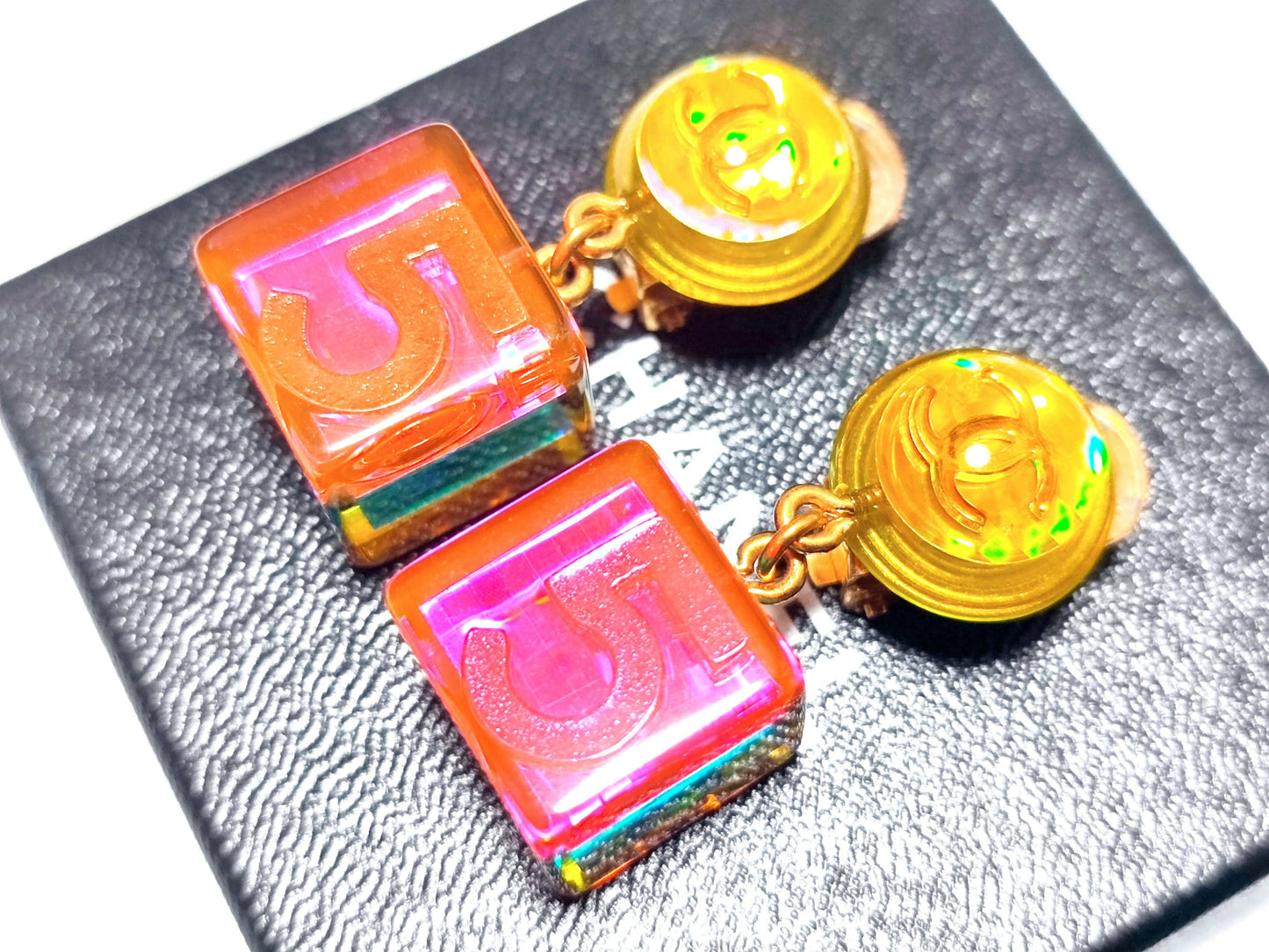 Chanel Vintage 97P Acrylic Iridescent Cube No.5 Clip-on Earrings